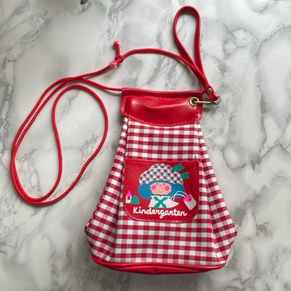 Vintage 80s Cottagecore Red Plaid Kindergartner graphic bag